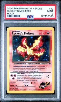 PSA 9 Rocket's Moltres Holo 12/132 Gym Heroes 2000 Pokemon Card - Image 1