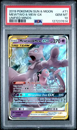2019 POKEMON SUN & MOON UNIFIED MINDS #71 MEWTWO & MEW GX PSA 10 - Image 1