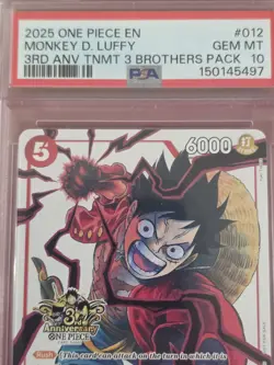 2025 One Piece English Monkey D. Luffy #012 ST01 SR 3rd Anniversary 3 Bros PSA10 - Image 4