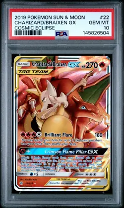 2019 POKEMON SUN & MOON COSMIC ECLIPSE #22 CHARIZARD & BRAIXEN GX PSA 10 - Image 1