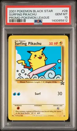 2001 POKEMON PROMO BLACK STAR POKEMON LEAGUE #28 SURFING PIKACHU PSA 10 - Image 1