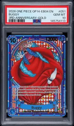 2026 One Piece OP14-EB04 EN 3rd Anniversary Gold #051 Buggy PSA 10 GEM MINT - Image 1