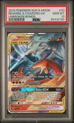 2019 Pokemon Sun & Moon Unbroken Bonds #20 Reshiram & Charizard Gx PSA 10 - Image 1