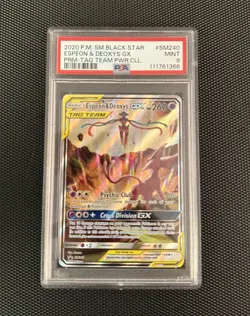 2020 Pokemon SM Black Star Promo Espeon & Deoxys GX PRM-TAG Team PSA 9 #SM240 - Image 1