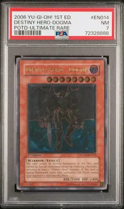 YUGIOH 1ST ED POTD-EN014 DESTINY HERO-DOGMA ULTIMATE RARE PSA 7 NM #72328888 - Image 1
