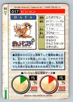 Pidgeotto NO. 017 Pokemon Japanese Bandai Carddass Series 1-2 R 1996 - HP/DMG - Image 2