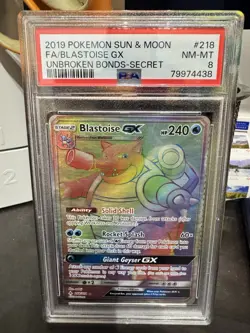 Pokemon card sun & moon FA / BLASTOISE GX 218/214 UNBROKEN BONDS SECRET PSA 8 - Image 1