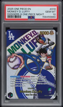 2025 ONE PIECE PROMOS DODGERS X ONE PIECE NIGHT #010 MONKEY D. LUFFY PSA 10 - Image 1