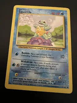 Squirtle 63/102 Base Set Unlimited 1999 Pokemon Card Common NM - Image 1