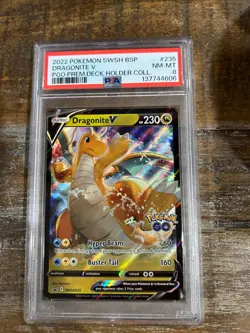 POKEMON 2022 Go BSP Promo Prem Deck Holder Coll DRAGONITE V #235 PSA 8 RARE - Image 1