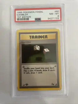 1999 Pokemon Fossil 1st Edition Gambler 60/62 PSA 8 NM-MT - Image 1