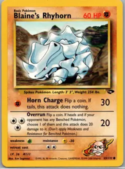 Blaine's Rhyhorn 65/132 Common Gym Challenge Pokemon Unlimited Near Mint - Image 1
