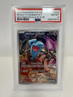2025 POKEMON DESTINED RIVALS POKEMON CENTER ETB TEAM ROCKET'S WOBBUFFET PSA 8 - Image 1