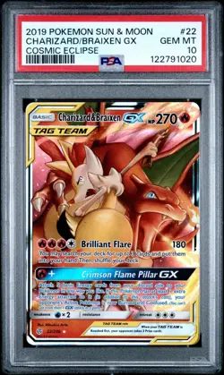 2019 POKEMON SUN & MOON COSMIC ECLIPSE #22 CHARIZARD & BRAIXEN GX PSA 10 - Image 1