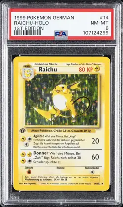 1999 POKEMON GERMAN 1ST ED #14 RAICHU-HOLO PSA 8 - Image 1