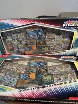2 x Pokemon Prismatic Evolutions Lucario EX and Tyranitar EX Premium Collection - Image 1