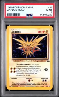 1999 POKEMON FOSSIL #15 ZAPDOS-HOLO PSA 9 - Image 1