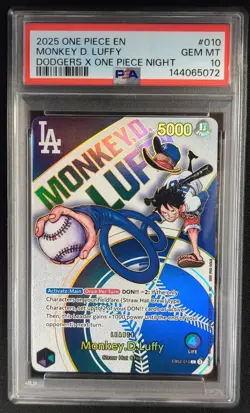 PSA 10 GEM MINT Monkey.D.Luffy LA Dodgers Promo EB02-010 One Piece Graded Card - Image 1