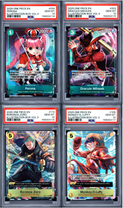 PSA 10 SEQUENTIAL One Piece x4 Luffy Zoro Mihawk Perona Illustration Box Vol 3&4 - Image 1