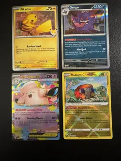 Pokemon TCG Pikachu Gengar Mega Clefable Radiant Charjabug 4 Holo Cards - Image 1