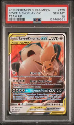 2019 POKEMON SUN & MOON TEAM UP #120 EEVEE & SNORLAX GX PSA 10 - Image 1