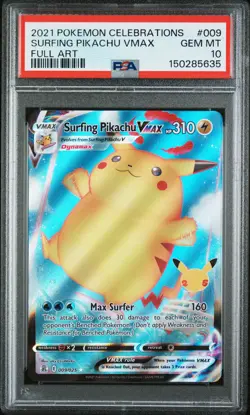 2021 POKEMON CELEBRATIONS #009 FULL ART/SURFING PIKACHU VMAX PSA 10 - Image 1