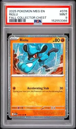 2025 Pokemon MEG EN Riolu COSMOS HOLO Promo Fall Collector Chest #076 PSA 9 MINT - Image 1