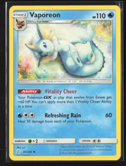 Vaporeon 42/236 Uncommon Cosmic Eclipse Pokemon Lightly Played - Image 1