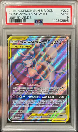 2019 Pokemon Sun & Moon Unified Minds Mewtwo & Mew GX FA Tag Team 222/236 PSA 9 - Image 1
