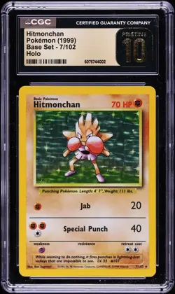 1999 Pokemon Base Set Unlimited Hitmonchan #7 Holo Rare CGC 10 PRISTINE LOW POP - Image 1