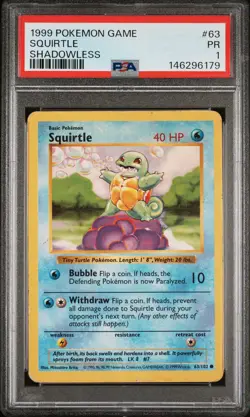 1999 POKEMON GAME SHADOWLESS #63 SQUIRTLE PSA 1 - Image 1