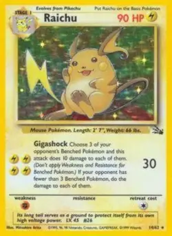 Raichu - 14/62 - Holo Rare - Unlimited Edition HP, English Pokemon Fossil - Image 1
