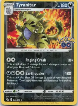 Tyranitar 043/078 Holo Rare Pokemon GO Pokemon Reverse Holo Lightly Played - Image 1