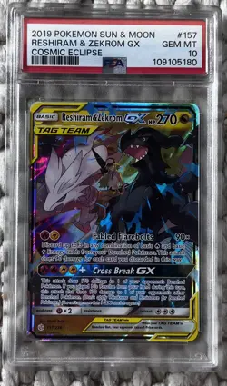 2019 POKEMON SUN & MOON COSMIC ECLIPSE #157 RESHIRAM & ZEKROM GX PSA 10 w/ Guard - Image 1