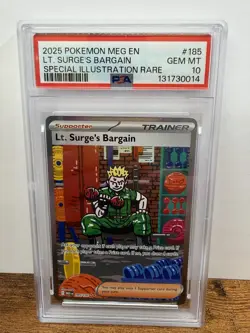 The Pokemon Company Lt. Surge's Bargain 185/132 ME01 SIR Holo PSA 10 2025 EN - Image 1