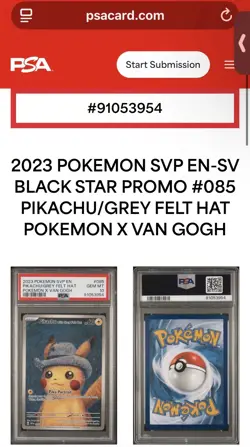 2023 Pokemon Pikachu with Grey Felt Hat Van Gogh Full Art 085 PSA 10 - Image 3