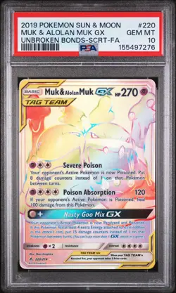 2019 POKEMON SUN & MOON UNBROKEN BONDS #220 FULL ART/MUK & ALOLAN MUK GX PSA 10 - Image 1