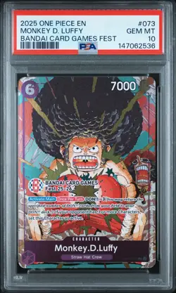 2025 ONE PIECE OP07-073 BANDAI CARD GAMES FEST 25-26 MONKEY D LUFFY PROMO PSA 10 - Image 1