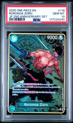 2025 ONE PIECE OP06-118 JAPANESE 2ND ANNIVERSARY SET RORONOA ZORO ENG PSA 10 - Image 1
