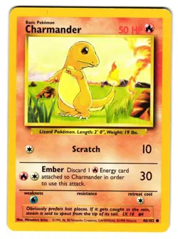 Charmander 46/102 Common Base Set Unlimited Pokemon Lightly Played - Image 1
