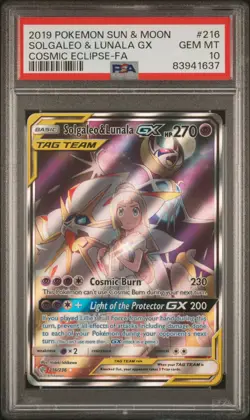 PSA 10 SOLGALEO & LUNALA GX 216/236 | Cosmic Eclipse Full Art Pokemon Card - Image 1