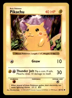 Pikachu (Red Cheeks) 58/102 Common Base Set Shadowless Pokemon Unlimited LP - Image 1