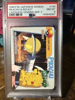 1998 POKEMON JPN BANDAI CARDDASS VENDING SERIES 4 #130 PIKACHU & ROCKET PSA 8 - Image 1