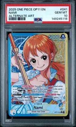 2025 ONE PIECE OP11-A FIST OF DIVINE SPEED ALTERNATE ART #041 NAMI PSA 10 - Image 1
