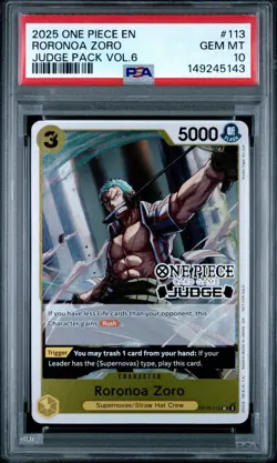 PSA 10 RORONOA ZORO 2025 JUDGE PACK VOLUME 6 #113 ONE PIECE LOW POP 21 GEM MINT - Image 1