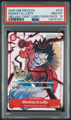 One Piece TCG Monkey.D.Luffy 3rd Anniversary 3 Brothers Pack PSA 10 - Image 1