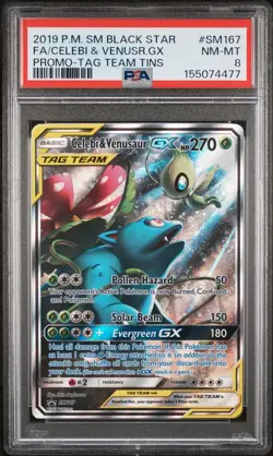 2019 POKEMON SM BLACK STAR PROMO #SM167 FULL ART/CELEBI & VENUSAUR GX PSA 8 - Image 1