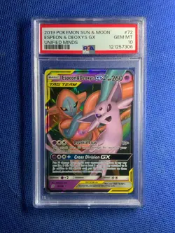 2019 POKEMON SUN & MOON UNIFIED MINDS #72 ESPEON & DEOXYS GX PSA 10 - Image 1