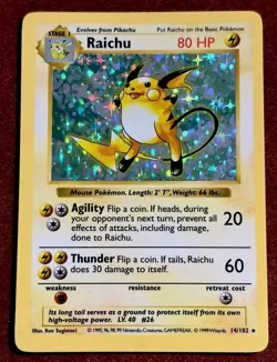 Raichu 14/102 Shadowless LP-LP+ Base Set Holo WOTC 1999 Pokemon Vintage - Image 1