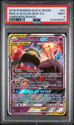 Muk & Alolan Muk Gx Pokemon Sun & Moon Unbroken Bonds 61 NM PSA 9 - Image 1